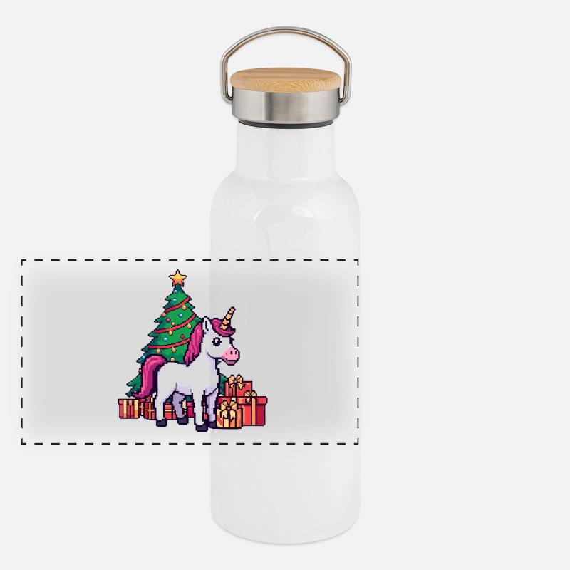 Pixel Einhorn & Weihnachtsbaum Retro Kunst Panorama Thermosflasche mit Bambusdeckel
