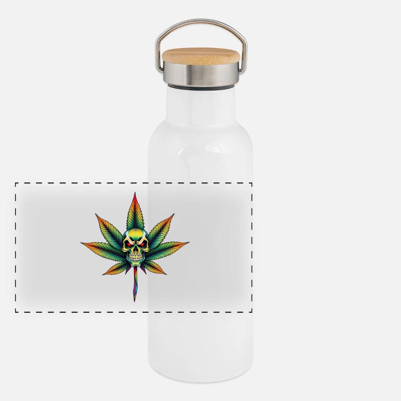 Regenbogen Schädel Cannabis Blatt Panorama Thermosflasche mit Bambusdeckel