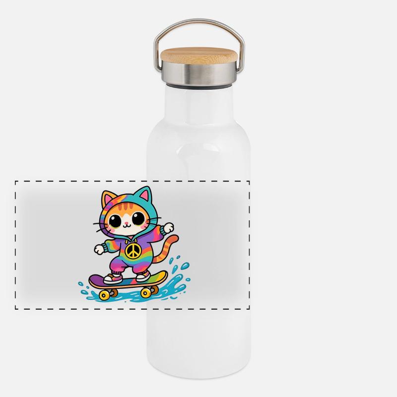 Chat multicolore skateboard Gourde isotherme avec bouchon en bambou