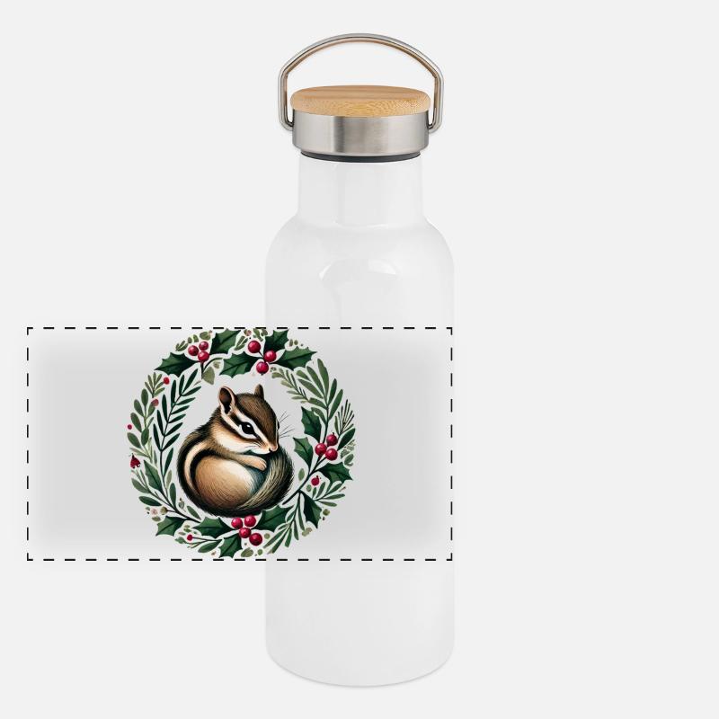 Holly Wreath Squirrel Charm Panoramic Thermal Bottle with Bamboo Lid