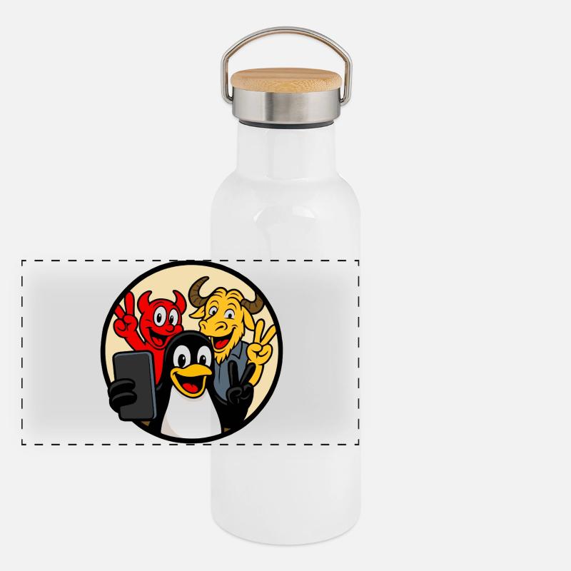 Tux, Beastie & GNU Selfie Gourde isotherme avec bouchon en bambou