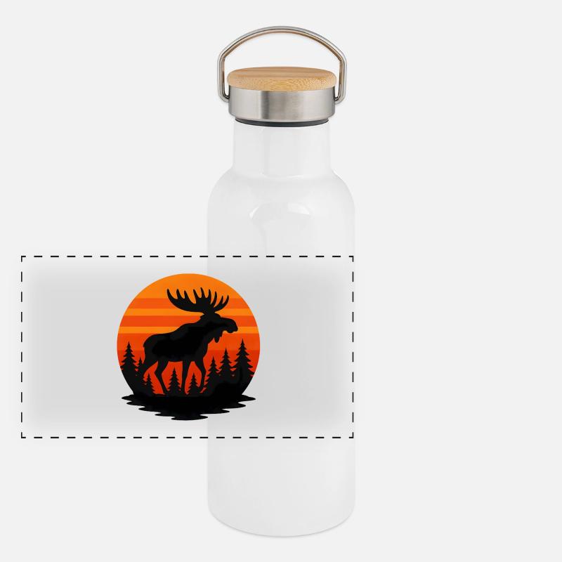 Sonnenuntergang Elch in Waldsilhouette Panorama Thermosflasche mit Bambusdeckel