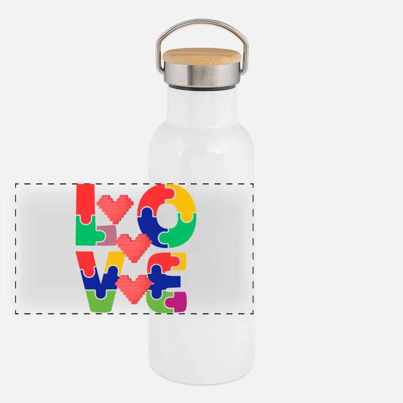 Liebespuzzle mit bunten Herzen Panorama Thermosflasche mit Bambusdeckel