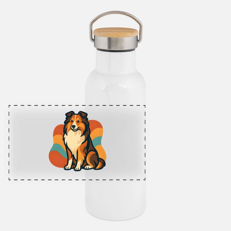 Lebhafter Shetland-Schäferhund Sunburst Panorama Thermosflasche mit Bambusdeckel