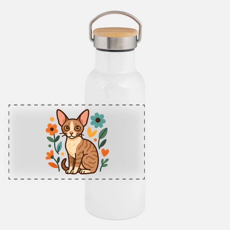 Chat Rex de Cornouailles parmi les fleurs Gourde isotherme avec bouchon en bambou
