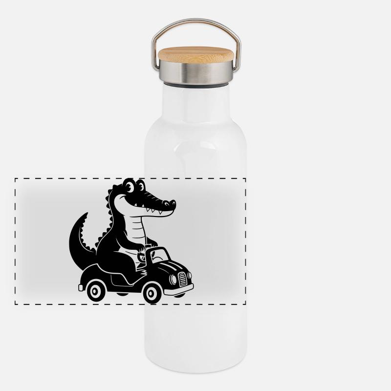 Moving Crocodile Cartoon Illustration Panoramic Thermal Bottle with Bamboo Lid
