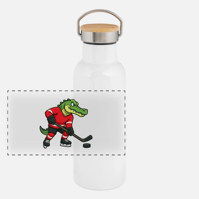 Krokodil Eishockeyheld Panorama Thermosflasche mit Bambusdeckel