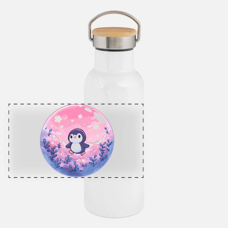Pingouin pastel dans la forêt de nuages Gourde isotherme avec bouchon en bambou