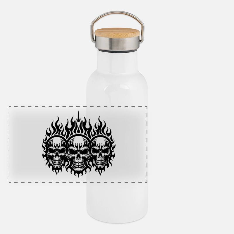 Three Fierce Skull Flames Tattoo Tribal Style Panoramic Thermal Bottle with Bamboo Lid