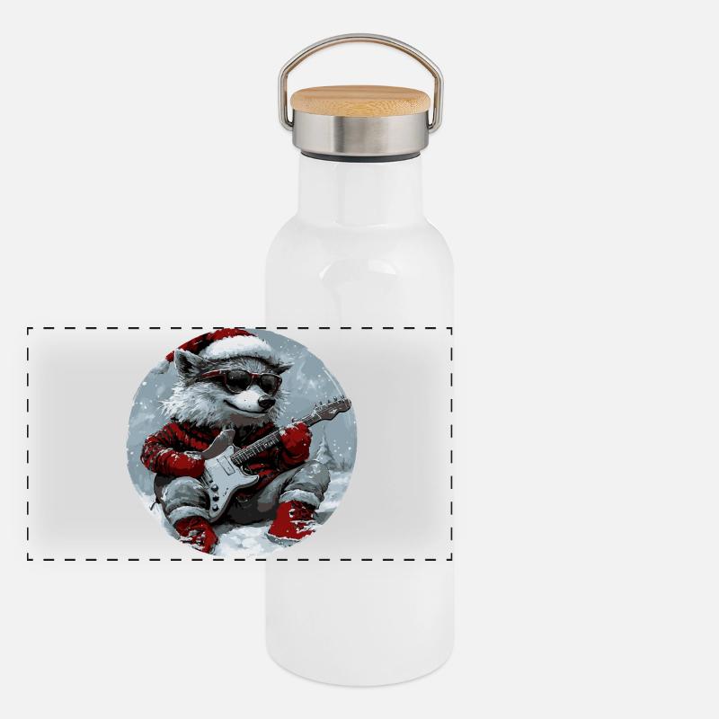 Wolf Weihnachten Gitarre Panorama Thermosflasche mit Bambusdeckel