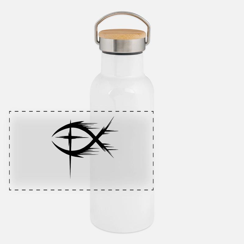 Fisch+Kreuz Symbol Modern Panorama Thermosflasche mit Bambusdeckel