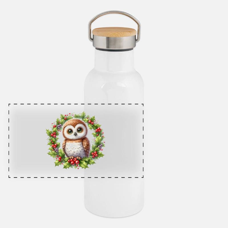 Stechpalmen-Eulenkranz in der Feiertagssaison - Panorama Thermosflasche mit Bambusdeckel - Weiß