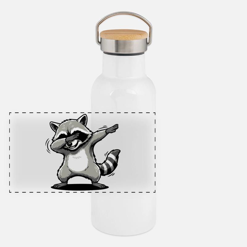 Lustiger dabbender Waschbär Cartoon Panorama Thermosflasche mit Bambusdeckel