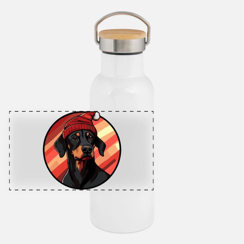 Doberman avec un chapeau de Père Noël Gourde isotherme avec bouchon en bambou