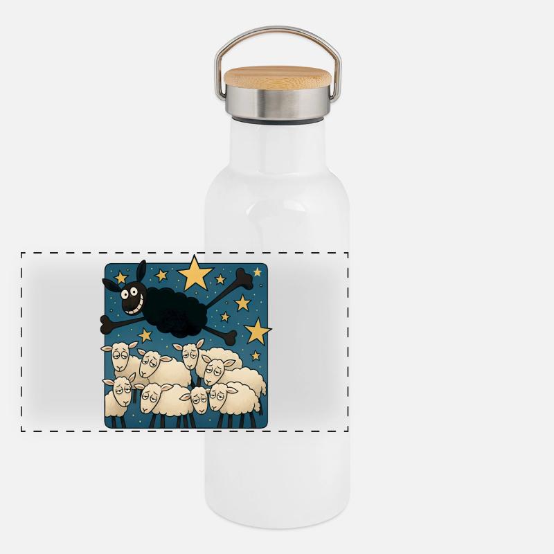 Schwarzes Schaf Panorama Thermosflasche mit Bambusdeckel