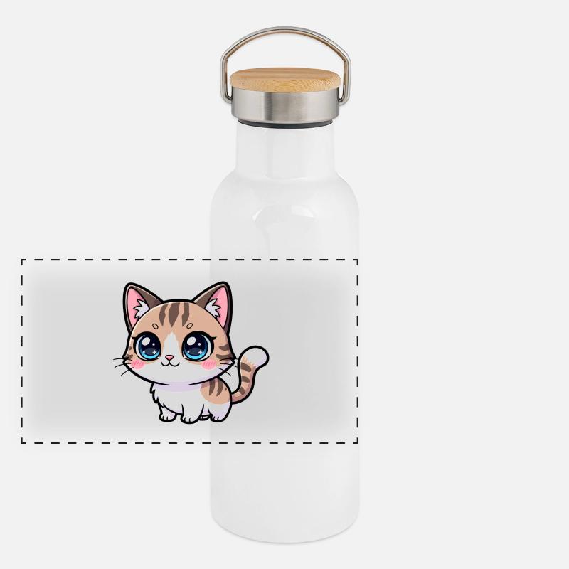 Kawaii Tabby-Kätzchen Großäugig Panorama Thermosflasche mit Bambusdeckel