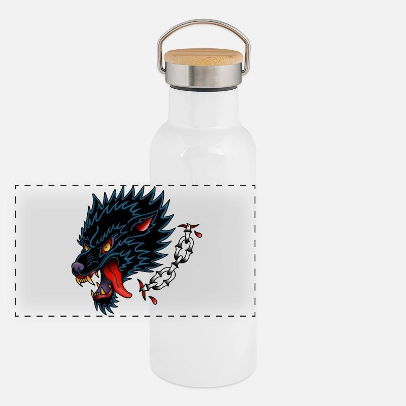 Black Wolf Old School Tattoo-Design Panorama Thermosflasche mit Bambusdeckel