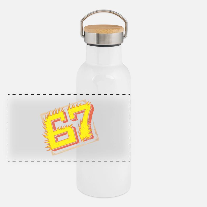 Flaming 67 Brainrot Emblem Panorama Thermosflasche mit Bambusdeckel
