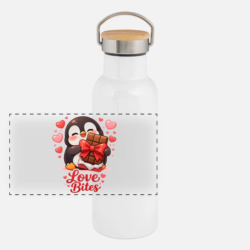 Pinguin mit Schokoherz Liebe Valentinstag Panorama Thermosflasche mit Bambusdeckel