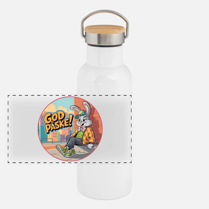 Joyeuses Pâques avec un lapin de Pâques rigolo ! Gourde isotherme avec bouchon en bambou