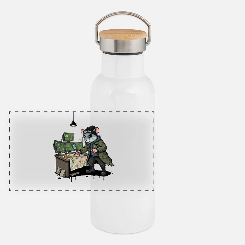 Hacker-Ratte Detektiv Deep-State Spurensuche Panorama Thermosflasche mit Bambusdeckel