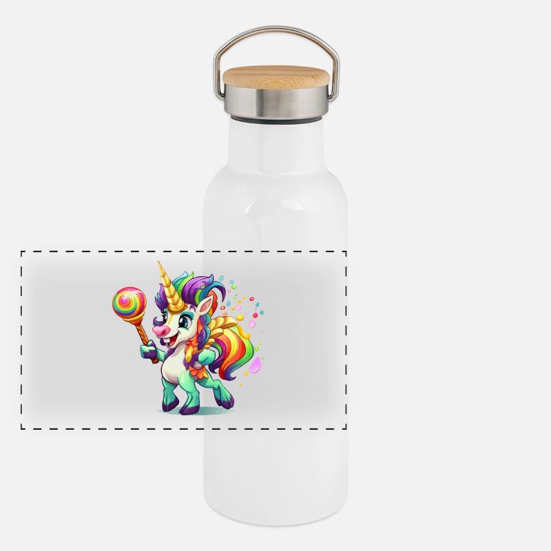 Buntes Einhorn mit Lolly Panorama Thermosflasche mit Bambusdeckel