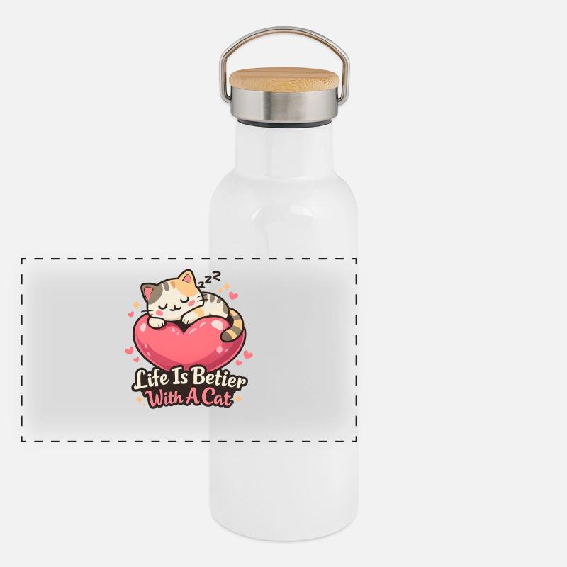 Life Is Better With A Cat Motiv Panoramic Thermal Bottle with Bamboo Lid