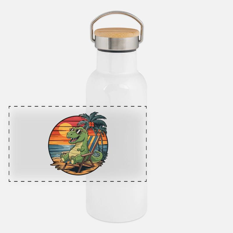 Funny Dinosaur on Beach Summer Vacation Sunset Panoramic Thermal Bottle with Bamboo Lid