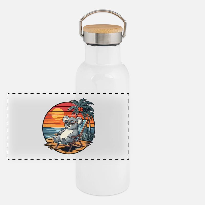 Funny Koala on Beach Summer Vacation Sunset Panoramic Thermal Bottle with Bamboo Lid