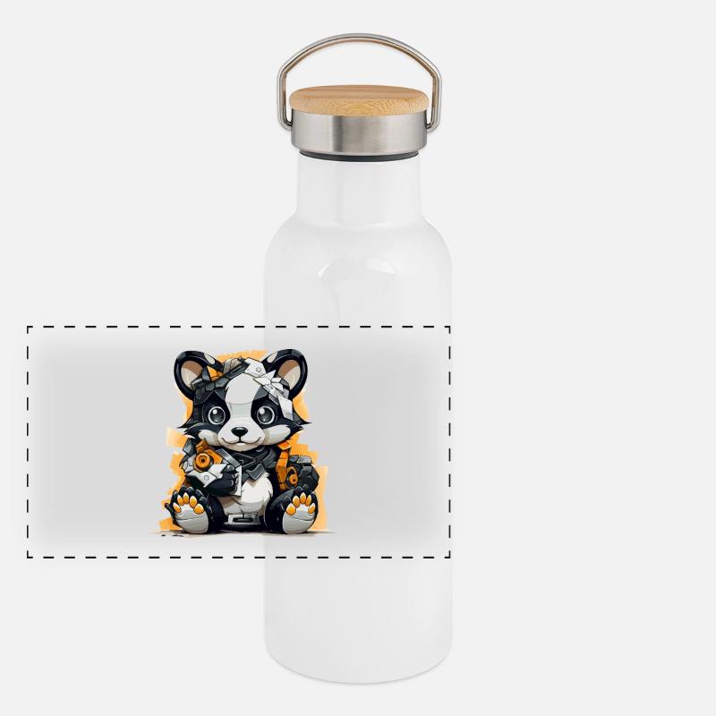 Panda Robo with building tools - Panoramic Thermal Bottle with Bamboo Lid - white