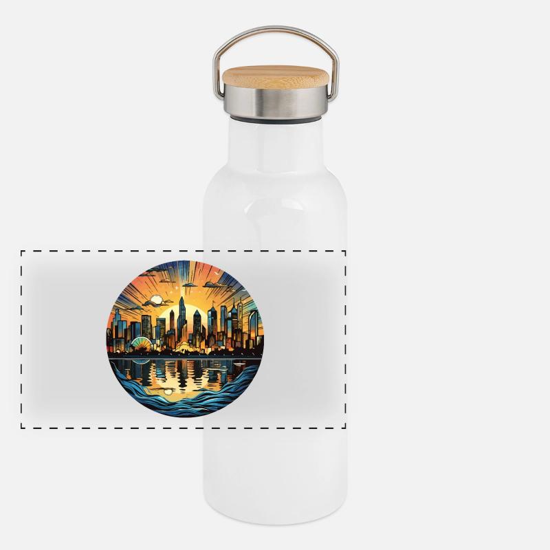 Città al tramonto sull'acqua - Thermos con coperchio in bambù - bianco