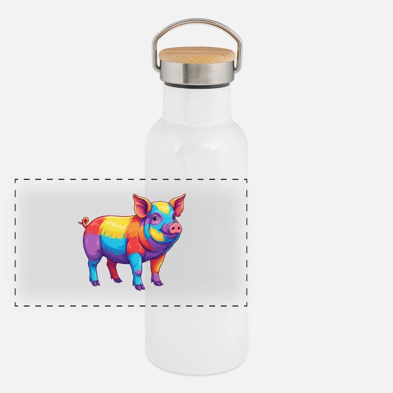 Aquarelle Pop Art Arc-en-ciel Cochon Coloré Gourde isotherme avec bouchon en bambou