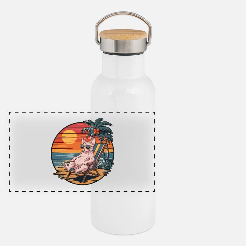 Drôle de Sphynx Cat sur la plage pendant le coucher de soleil des vacances d’été Gourde isotherme avec bouchon en bambou