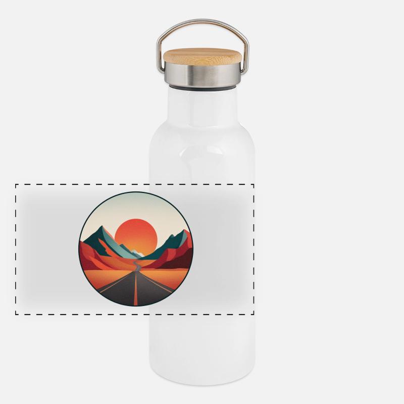 Vintage-Reiselogo – Abenteurer – Retro-Landschaft Panorama Thermosflasche mit Bambusdeckel