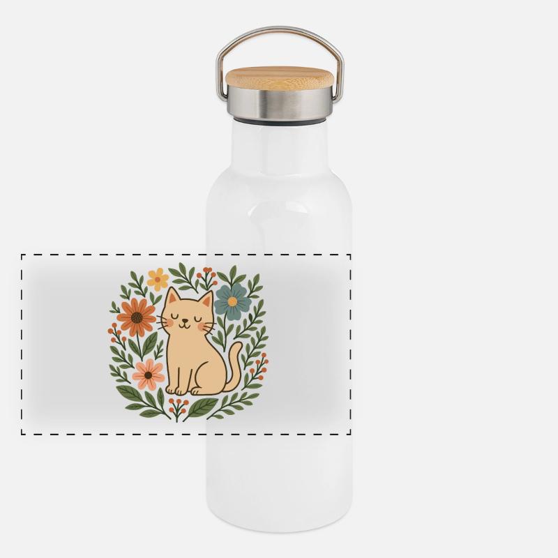 Florale Katze zwischen den Blüten Panorama Thermosflasche mit Bambusdeckel