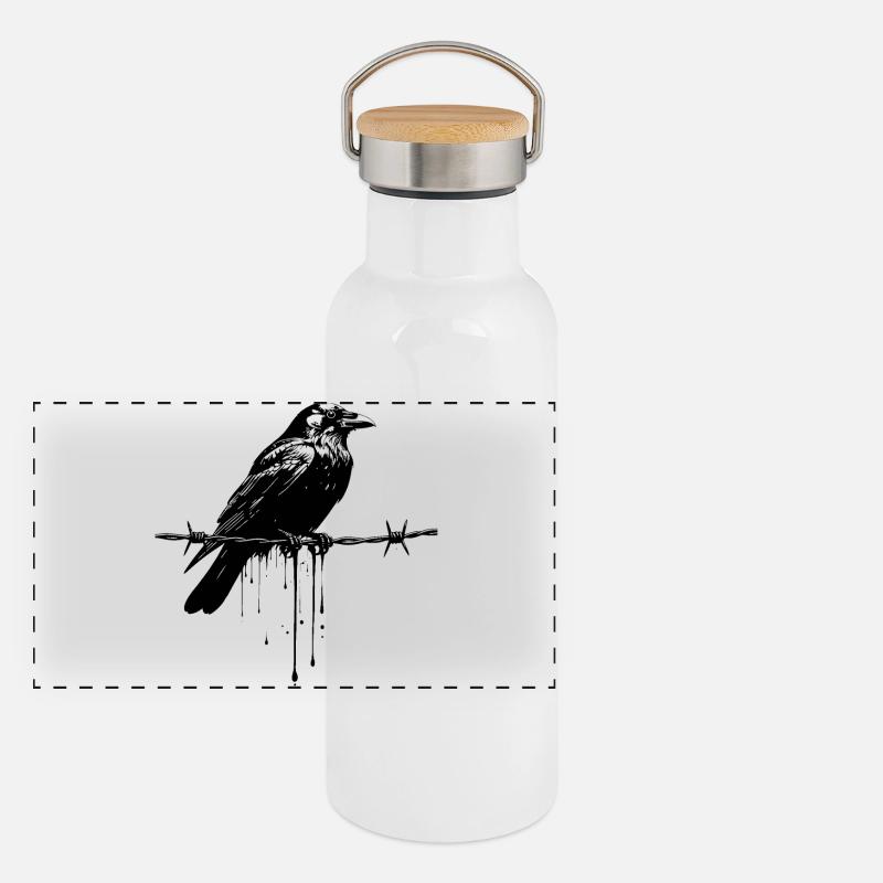 Raven on Barbed Wire Ink Panoramic Thermal Bottle with Bamboo Lid