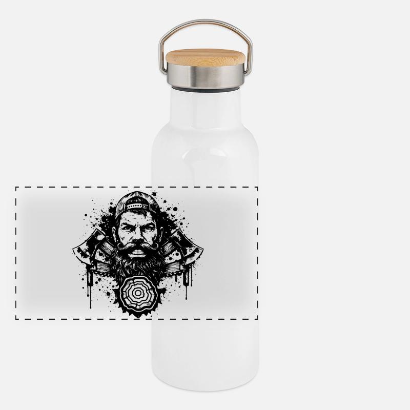 Holzfäller Stencil mit Doppelaxt   Panorama Thermosflasche mit Bambusdeckel