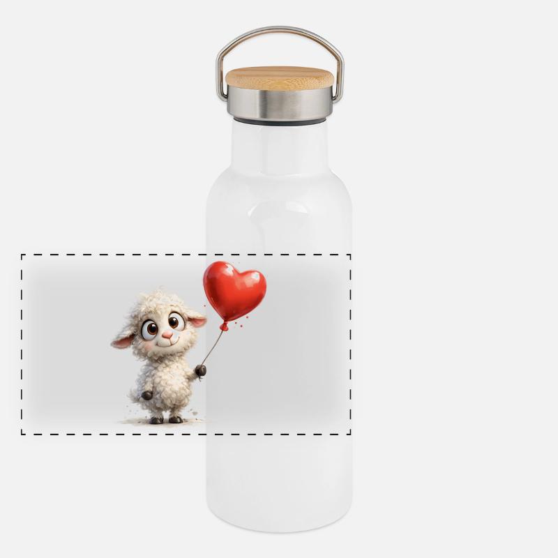Lamm mit Herzballon Panorama Thermosflasche mit Bambusdeckel