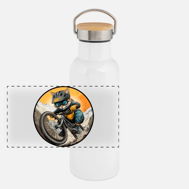 Katzen Bikerin / MTB Kätzchen Panorama Thermosflasche mit Bambusdeckel