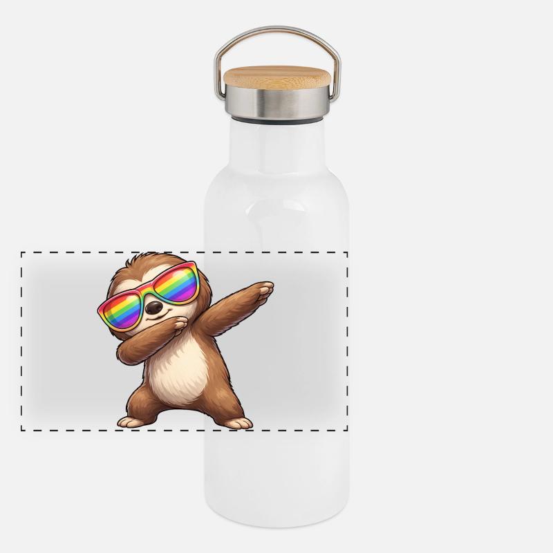 Süßer Faultier Cartoon Dab Regenbogen Sommer Cool Panorama Thermosflasche mit Bambusdeckel