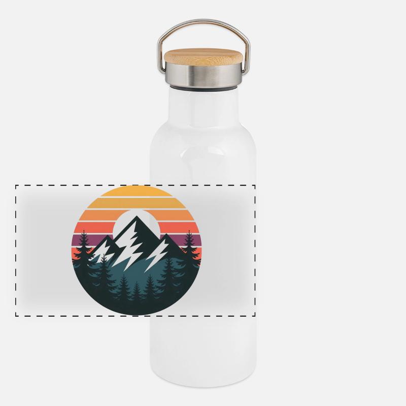 Sonnenuntergangsberge Waldsilhouette Panorama Thermosflasche mit Bambusdeckel