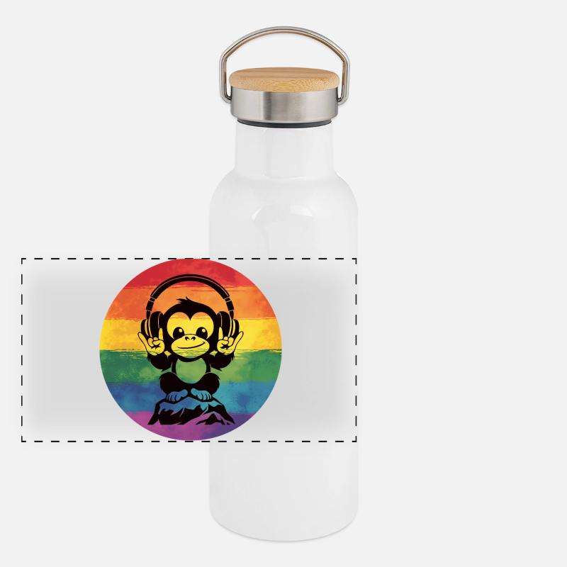 Regenbogen DJ Affe – Kopfhörer Rockhandzeichen Panorama Thermosflasche mit Bambusdeckel