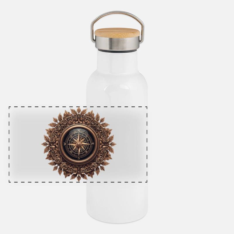 Boussole vintage avec frise à la rose Gourde isotherme avec bouchon en bambou