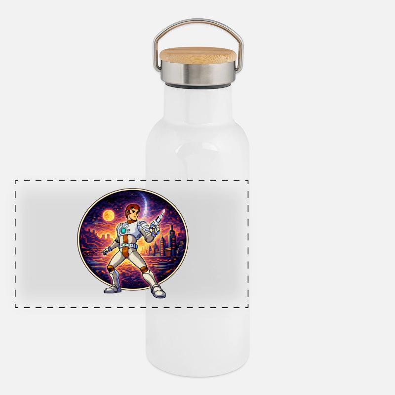 Pixel Captain – Héros rétro de science-fiction Gourde isotherme avec bouchon en bambou