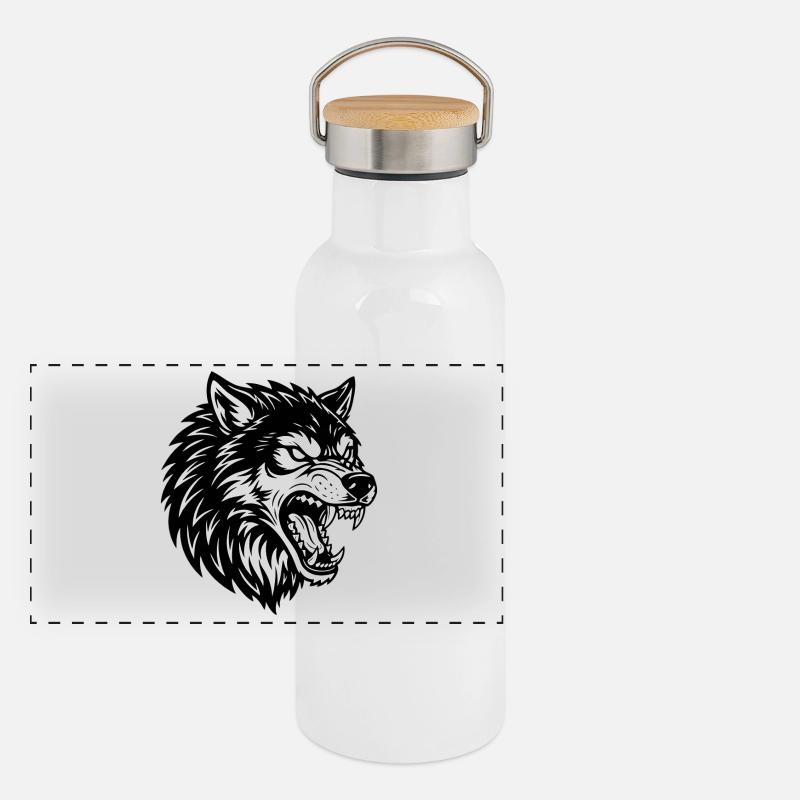 Wolf Schwarz-Weiß Wolf Alpha Maskottchen-Logo Panorama Thermosflasche mit Bambusdeckel
