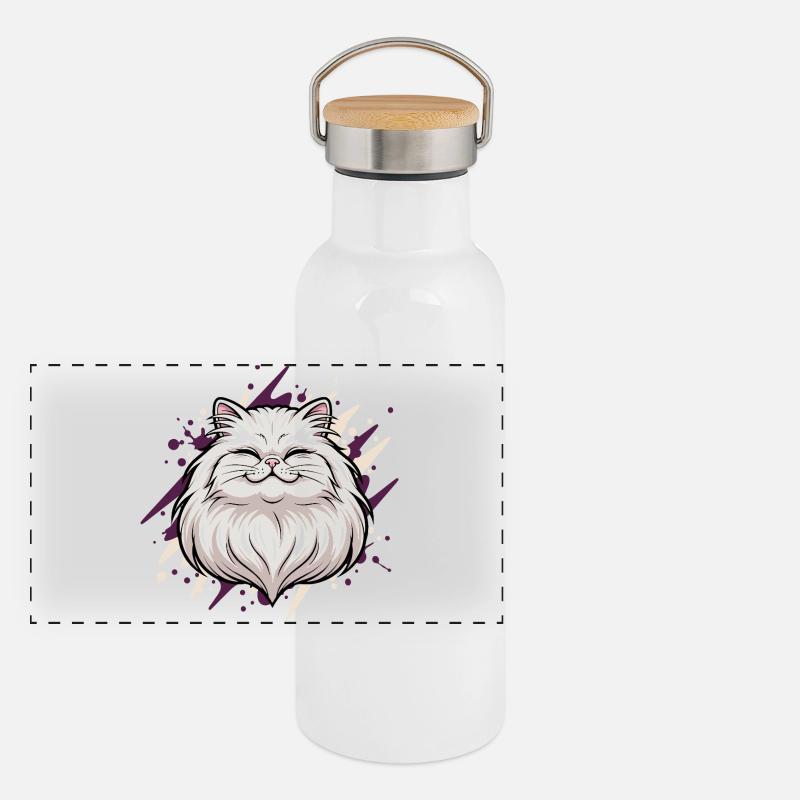 Fröhlicher Katzenkopf mit Farbklecks Panorama Thermosflasche mit Bambusdeckel