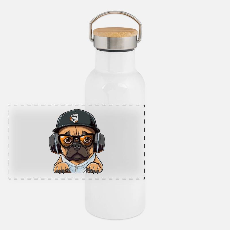 DJ Hund mit Kopfhörern Panorama Thermosflasche mit Bambusdeckel