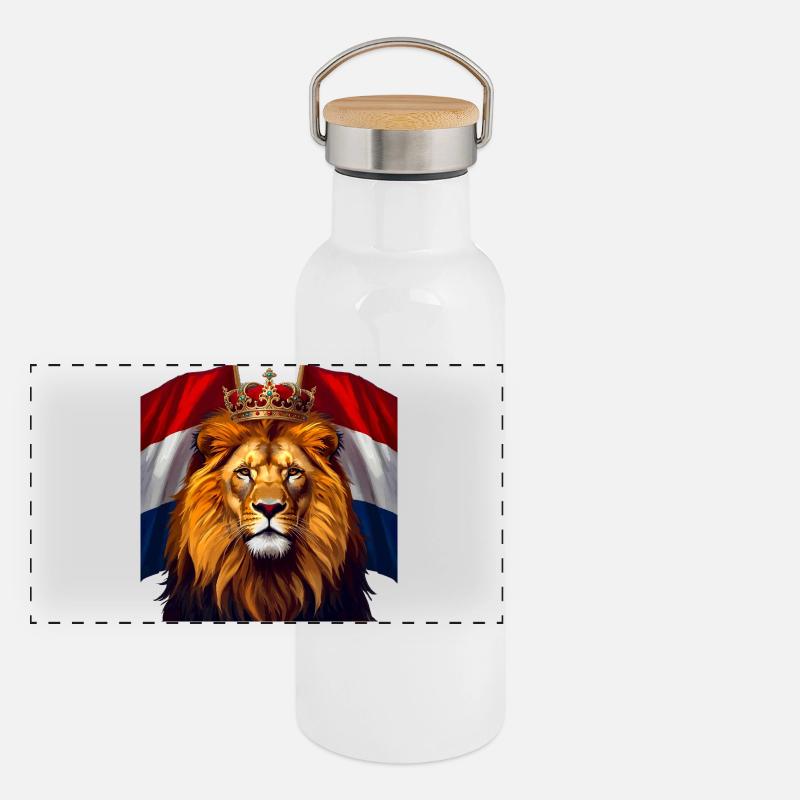 Lion couronne sur drapeau néerlandais Gourde isotherme avec bouchon en bambou