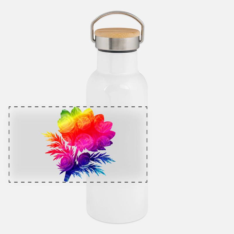 Bunte Blumen Silhouette Regenbogen Design  Panorama Thermosflasche mit Bambusdeckel