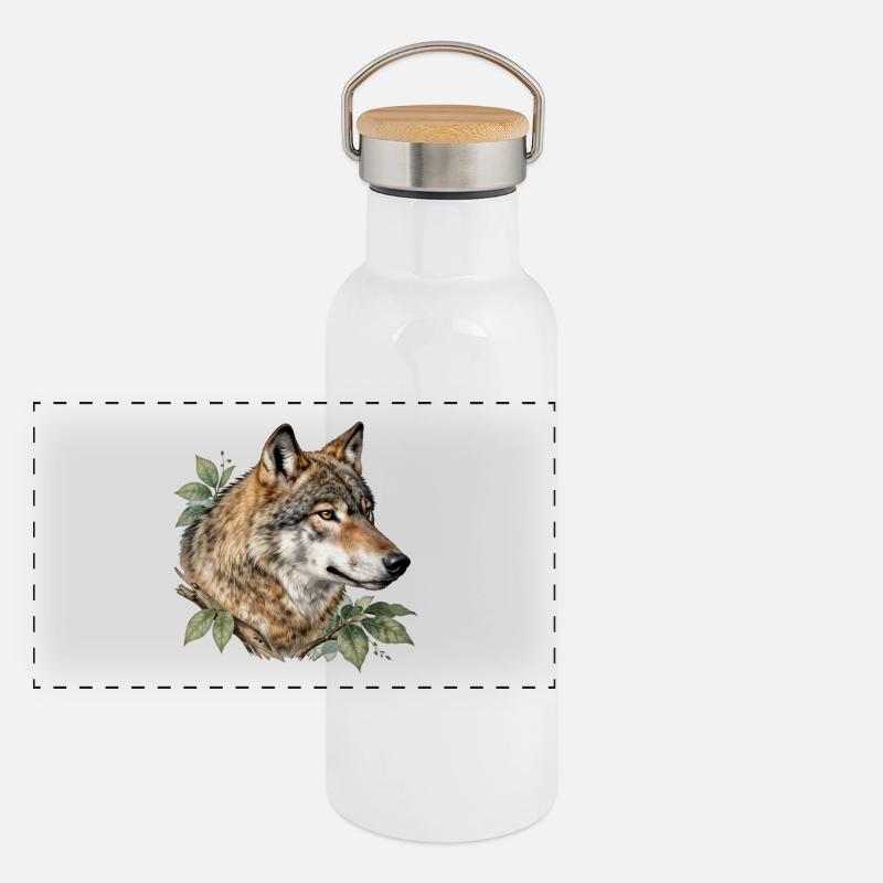 Loup entouré de feuillage Gourde isotherme avec bouchon en bambou